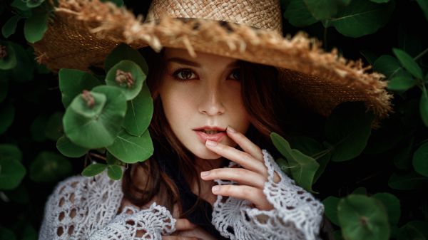 Wallpaper Women Blonde Sideboob Finger On Lips Hat Portrait