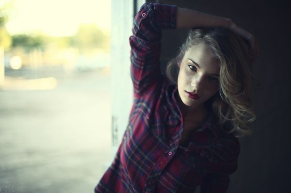 Wallpaper Women Blonde Freckles Face Portrait Plaid Shirt