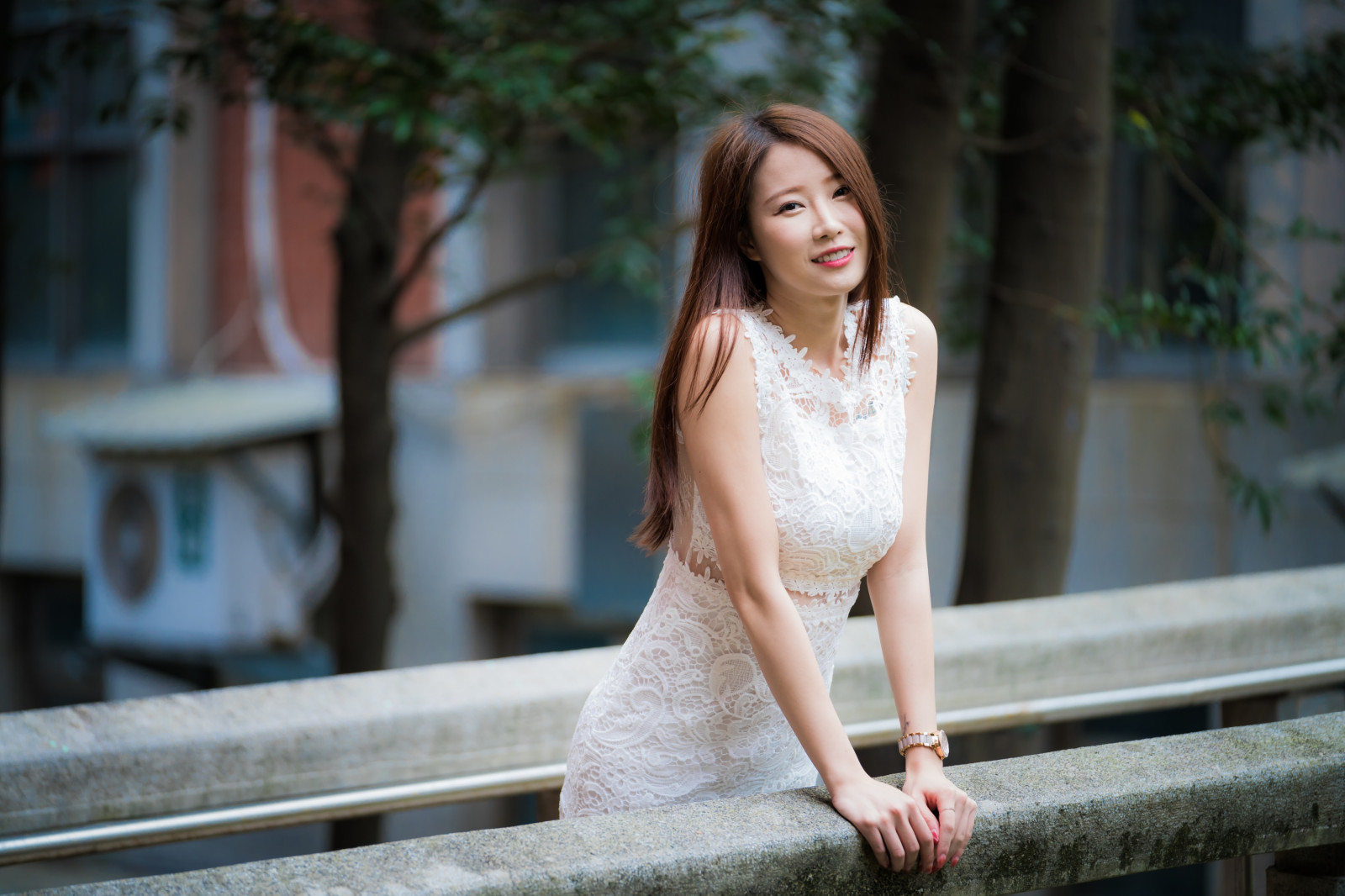 Wallpaper Model Depth Of Field Looking At Viewer Smiling Watch Asian Brunette White