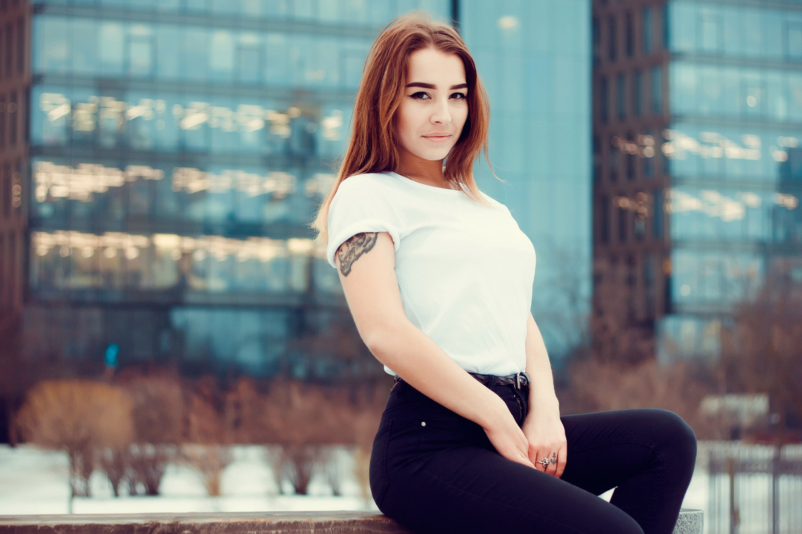 Wallpaper Model Brunette Long Hair Looking At Viewer Brown Eyes Nose Rings Smiling