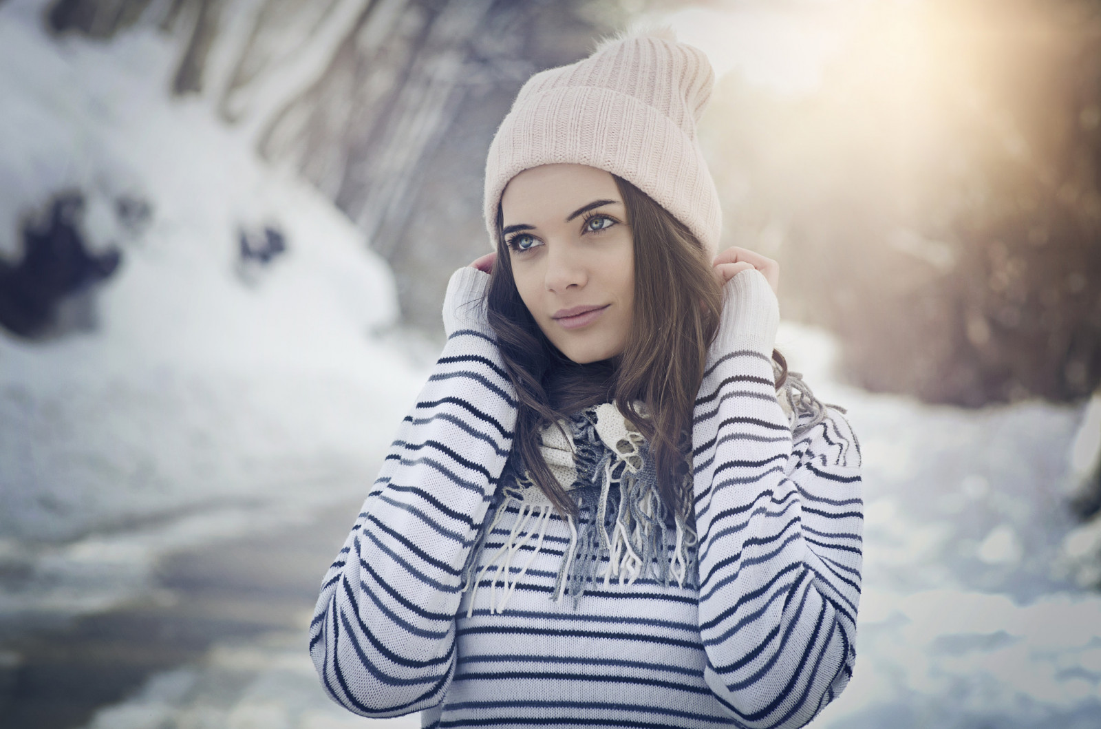 Wallpaper Brunette Women Outdoors Sweater Long Hair Scarf Hat