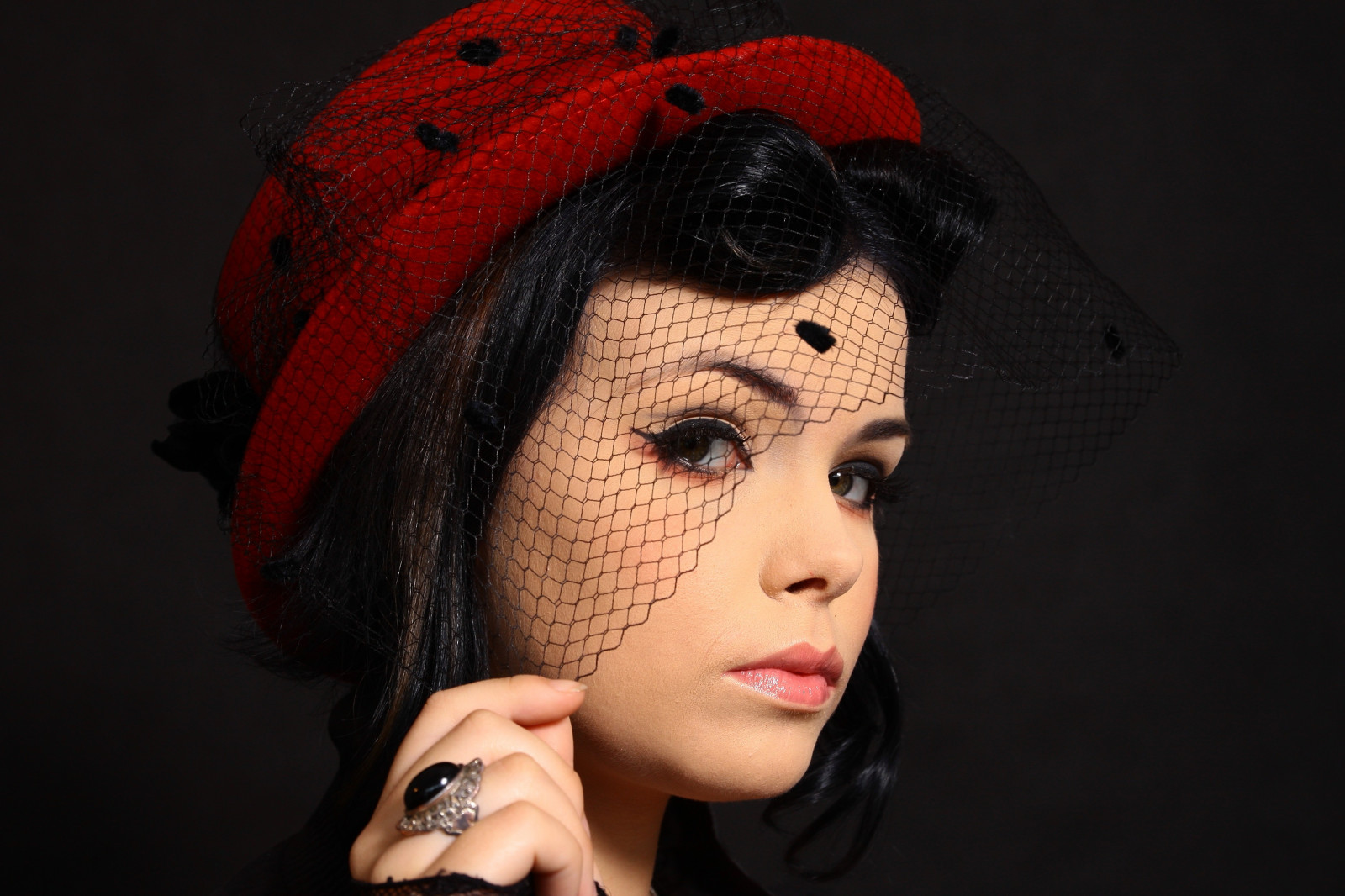 Wallpaper X Px Brown Eyes Brunette Face Hand Hat Long Hair Looking At Viewer