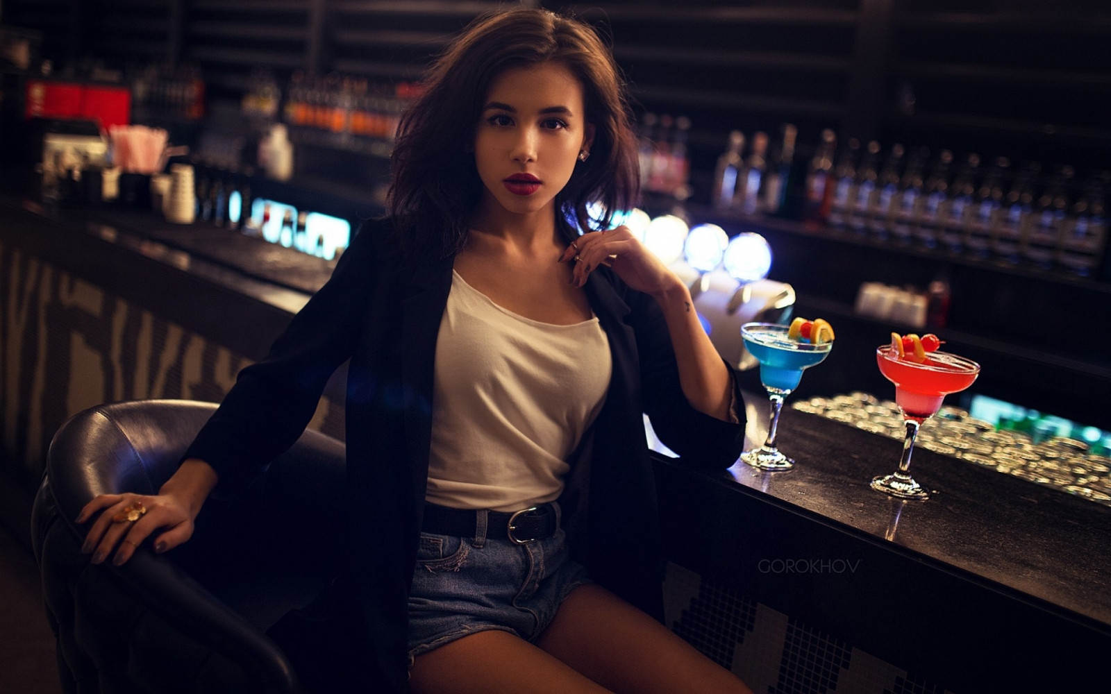 Wallpaper Women Model Long Hair Bottles Brunette Open Mouth