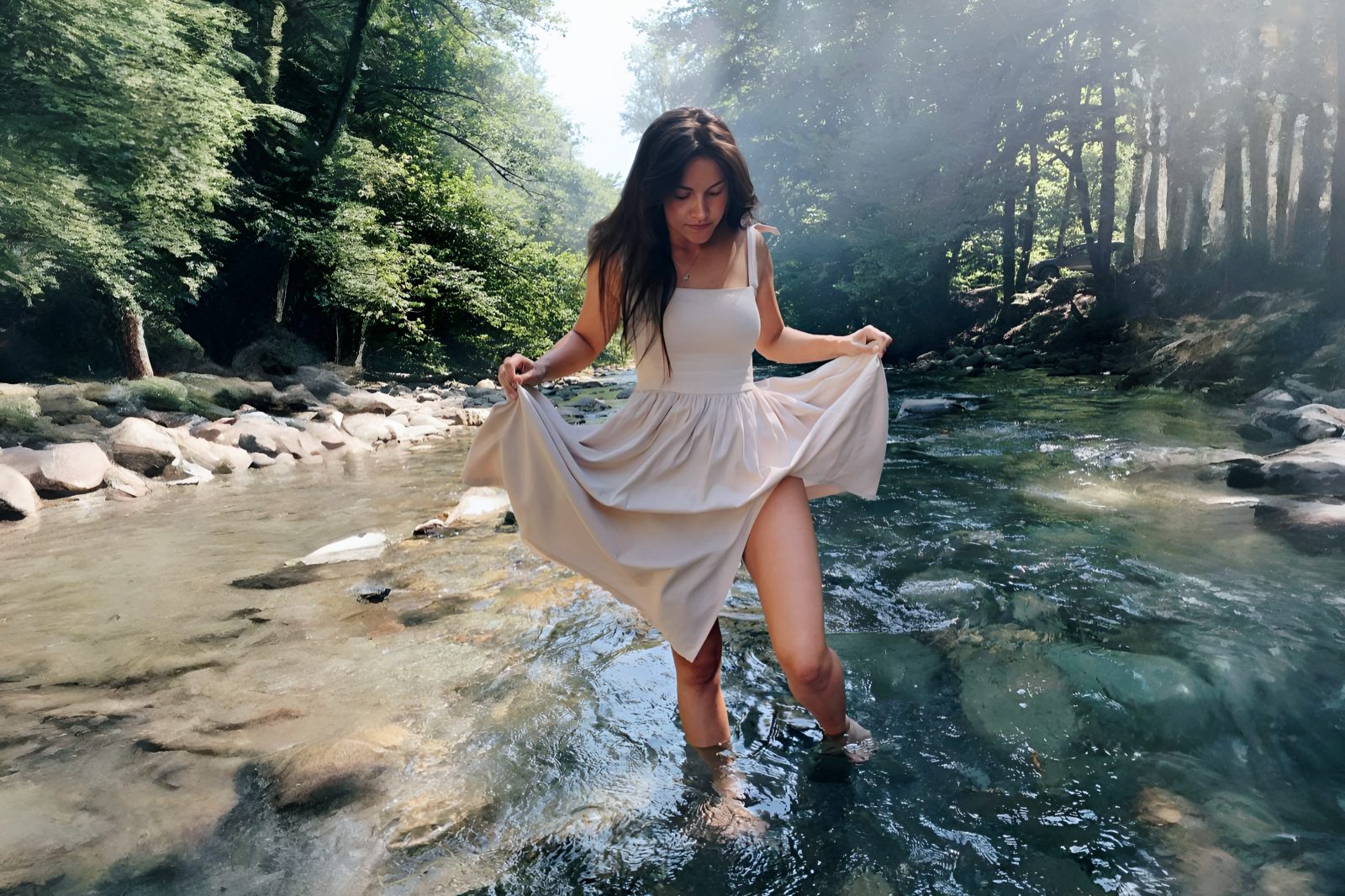 background, beauty, brunette, dress, forest, girl, katrina, legs, nature, Nikon, photography, river, russian girl, summer, wallpaper, woman