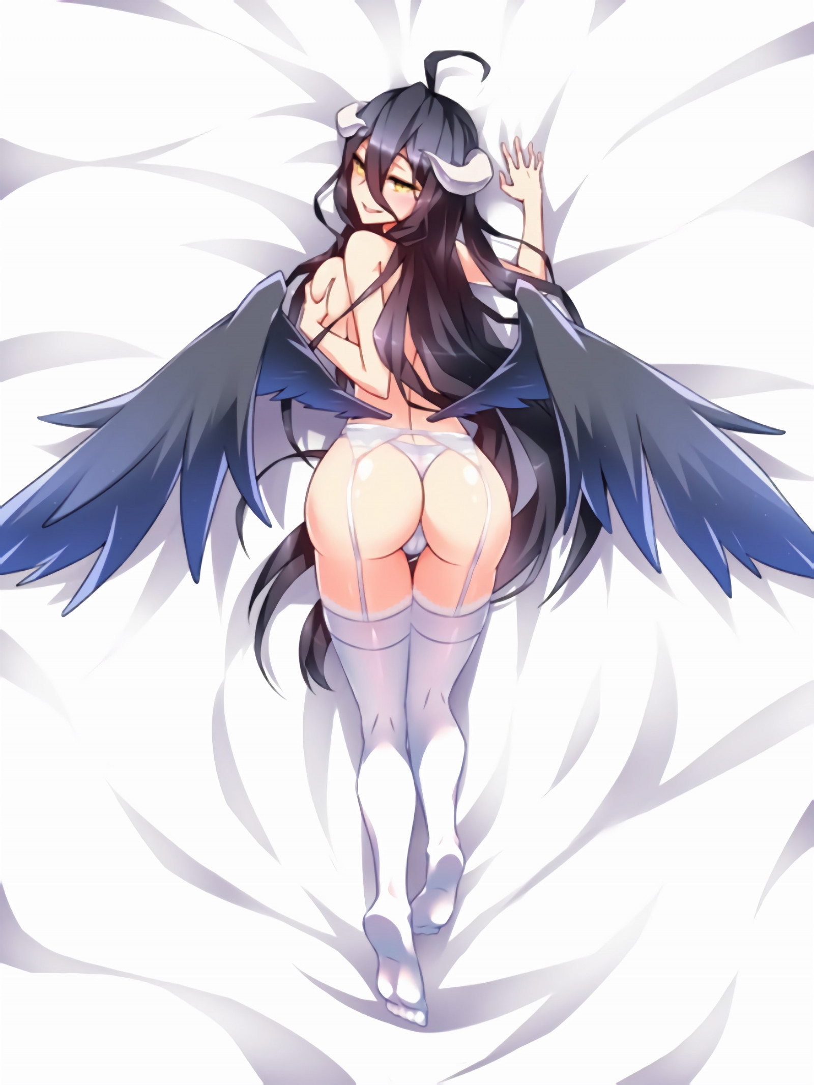 Albedo OverLord, anime, ass, dakimakura, girl, horn, in bed, legs, lingerie, long hair, Overlord anime, panties, sexy, thong, white lingerie, wings
