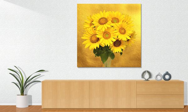 canvas,picture frame,living room,pot,sideboard,sunflowers