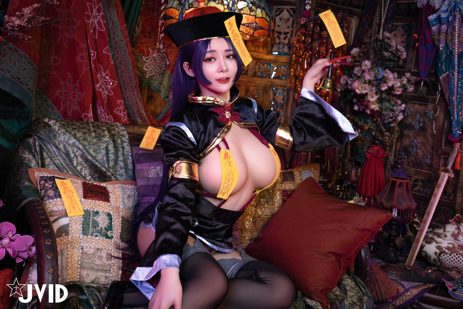 cosplay, kostým, fantazie, čepice, Jiangshi, model, fialové vlasy, červené listy, červenými nehty, sexy, punčochy, talisman, punčochy, žena