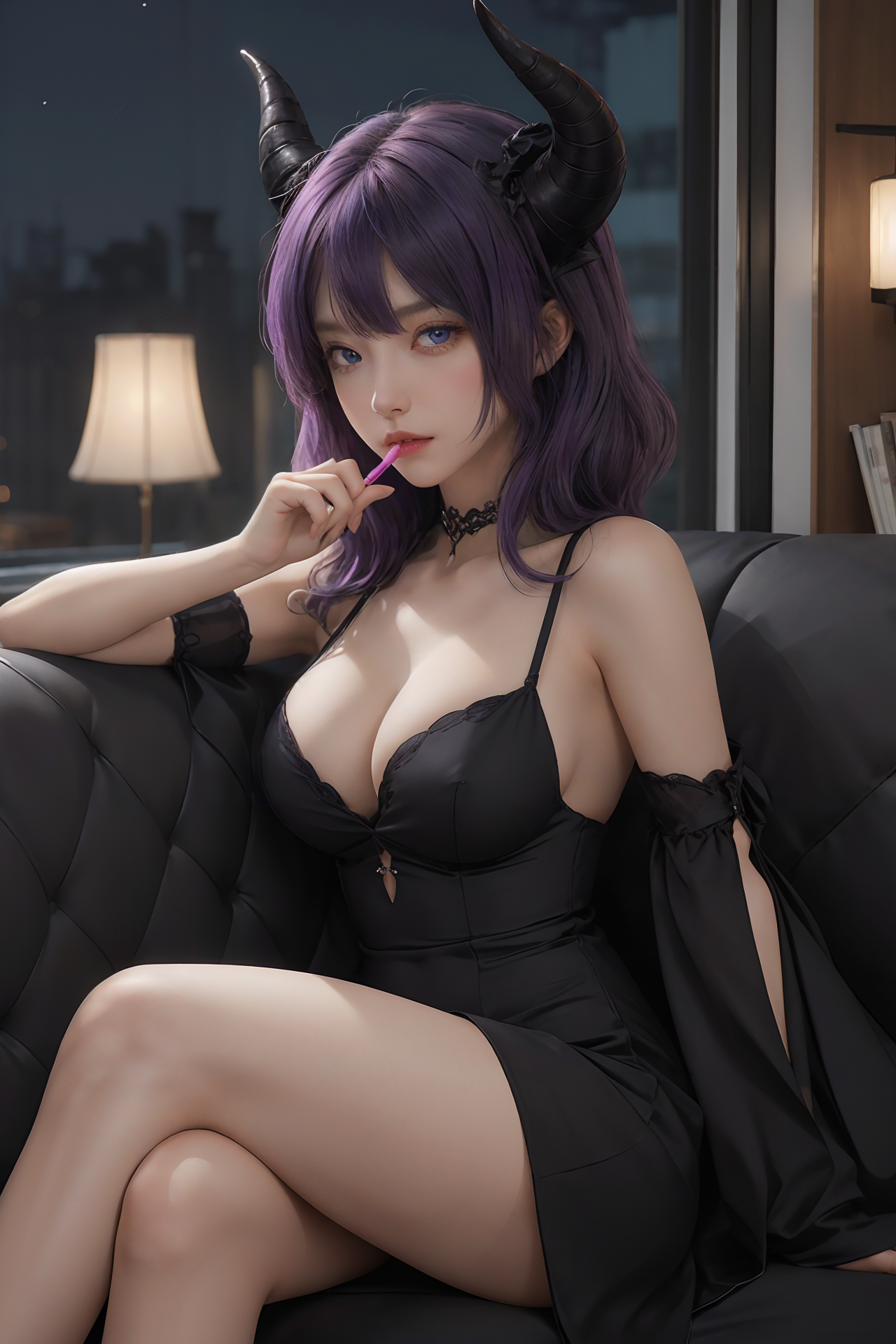 ai art, AI Girl, AIGC, black dress, breast, choker, cleavage, demon, demon girl, girl, heart, horns, night, purple hair, succubus, thighs, underwear