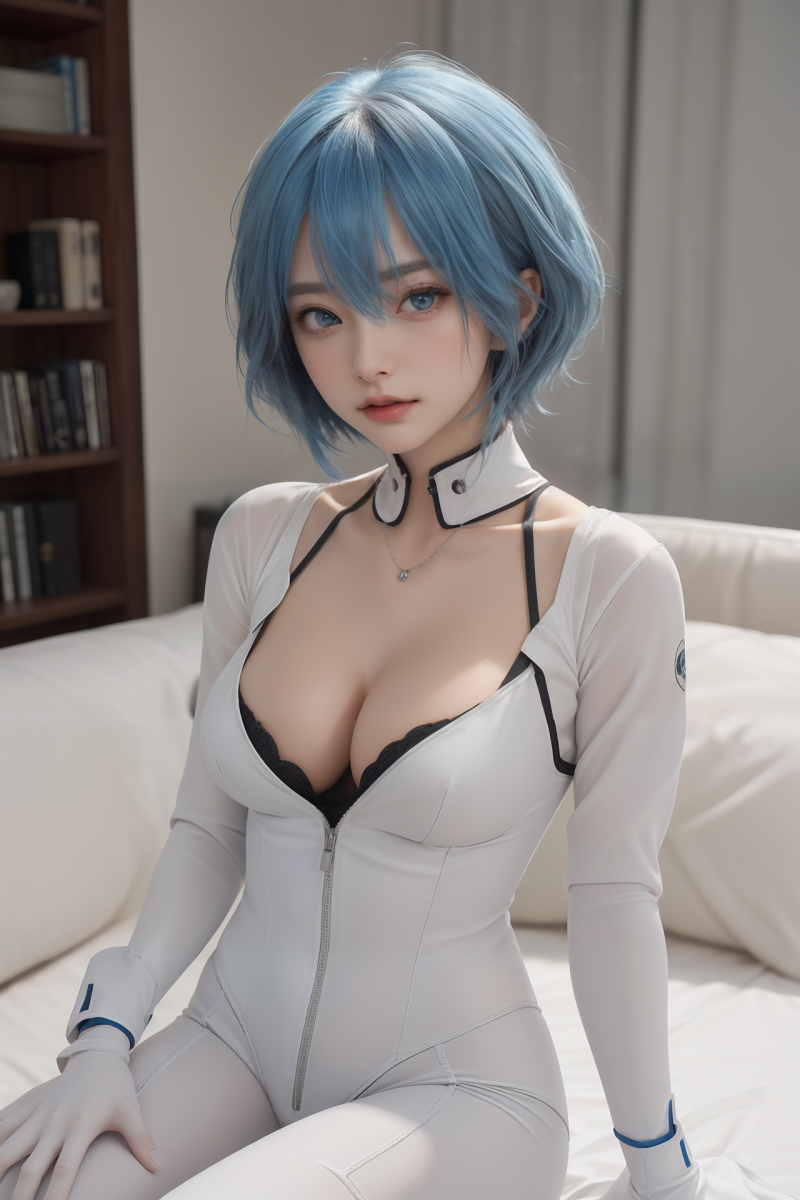 AIGC,สาวอะนิเมะ,Ayanami Rei,สวย,ผมสีฟ้า,หน้าอก