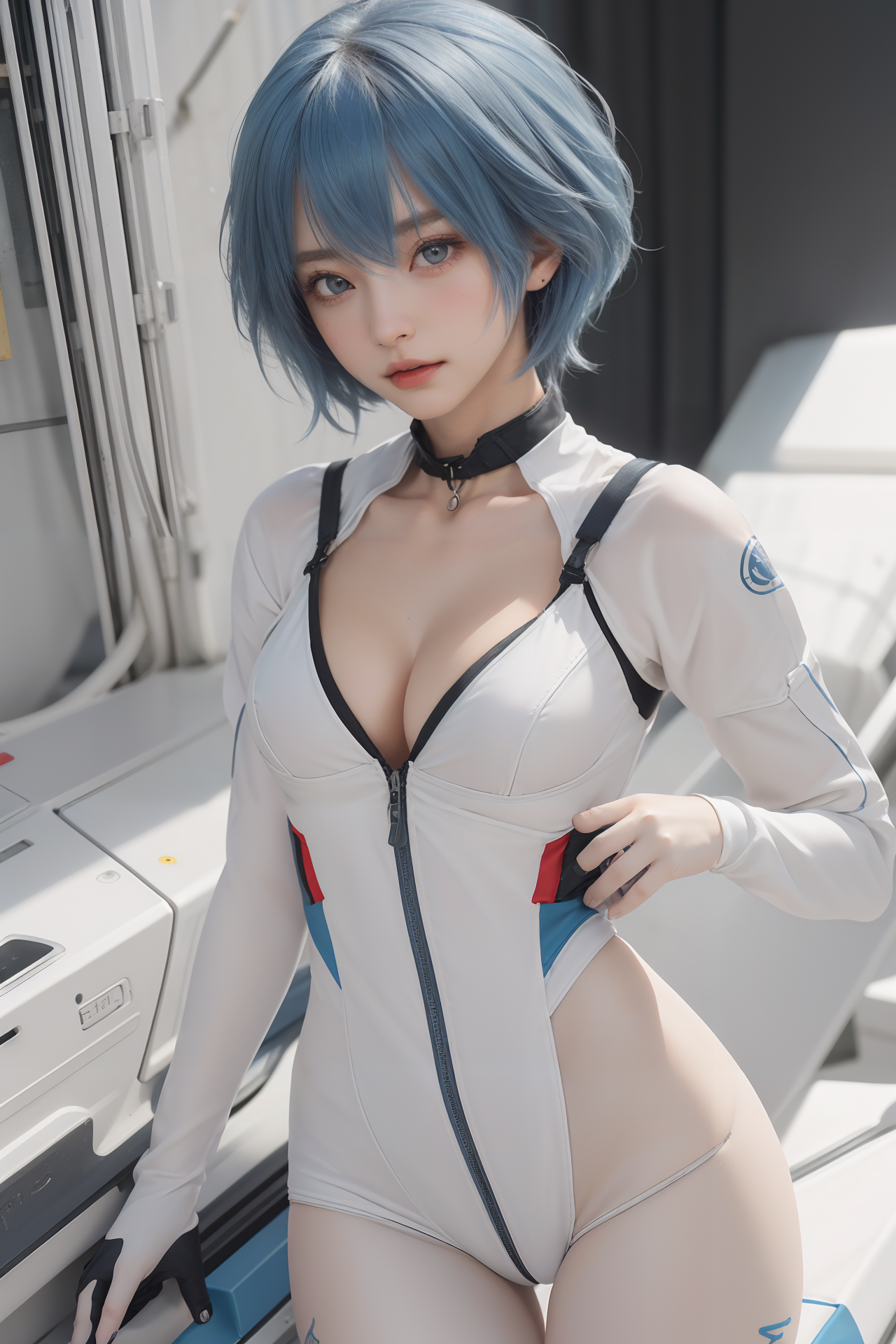 AIGC, anime dívky, Ayanami Rei, Krásná, modré vlasy, poprsí, výstřih, cosplay, Eva, ženský, dívka, Neon Genesis Evangelion, sexy, sladký