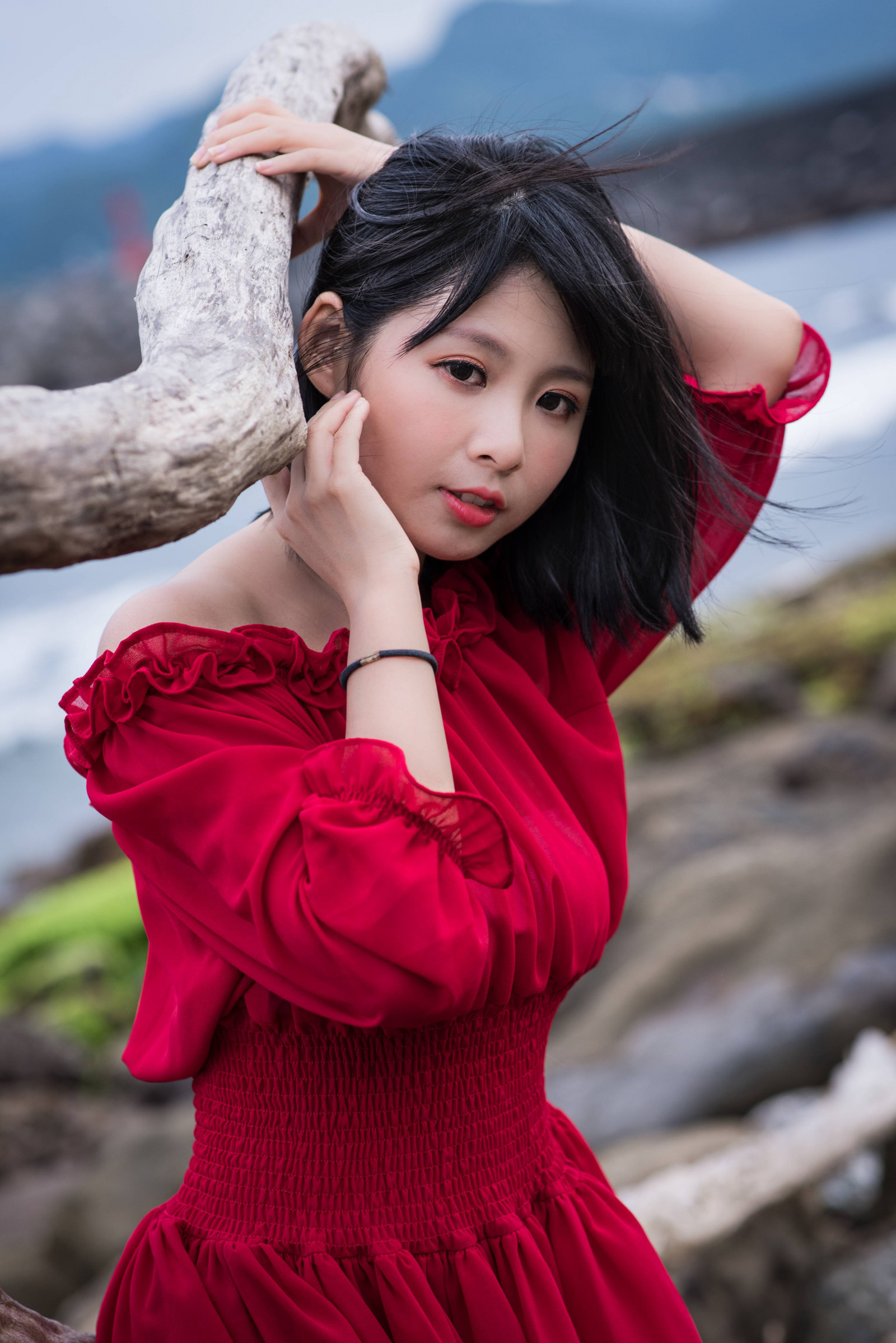 亚洲人, 自然光, 户外, 肖像, rocky beach, 水, 女人