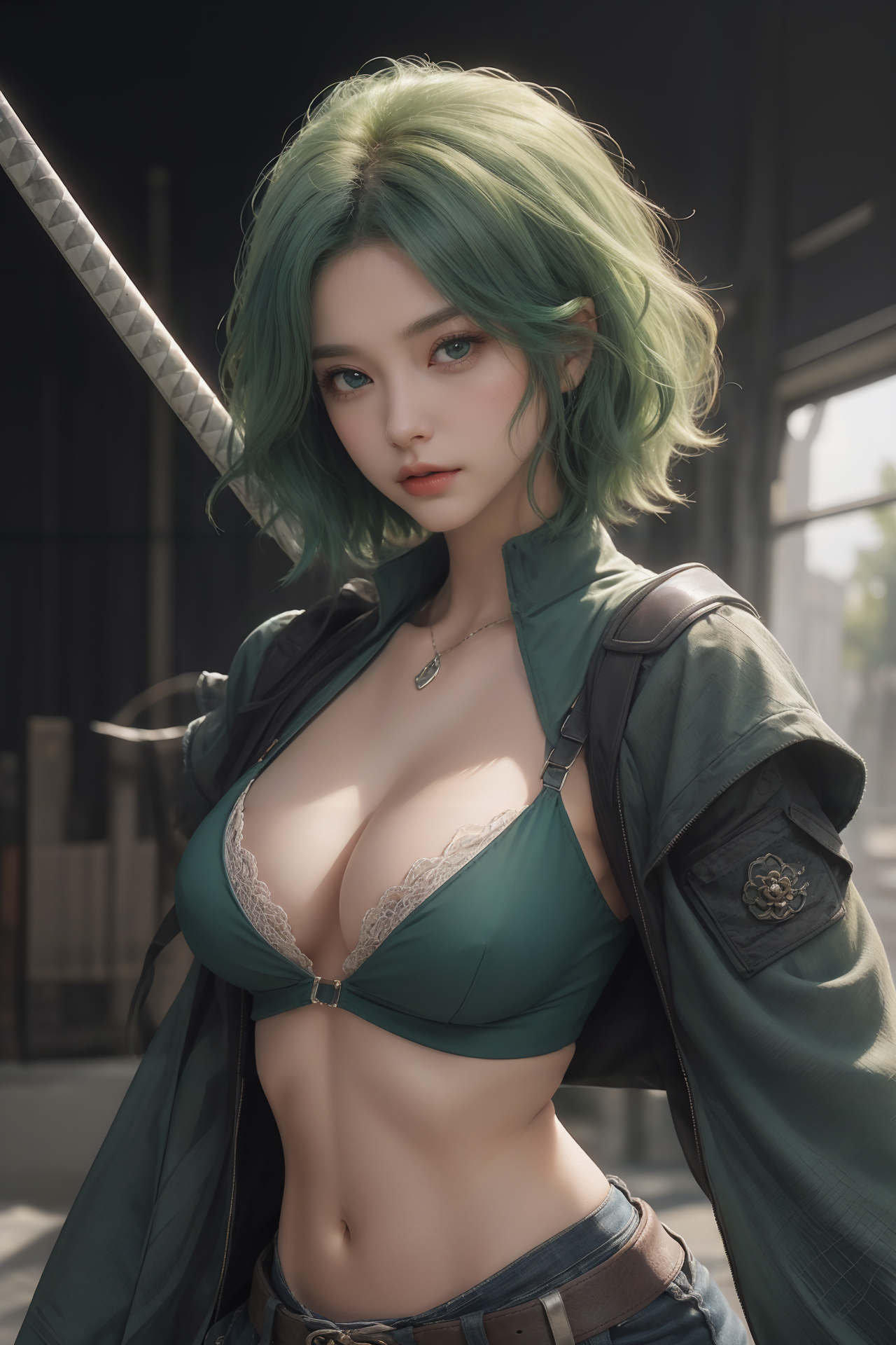 AIGC, anime girls, beautiful, cleavage, cosplay, female, girl, green hair, long hair, sweet, warrior