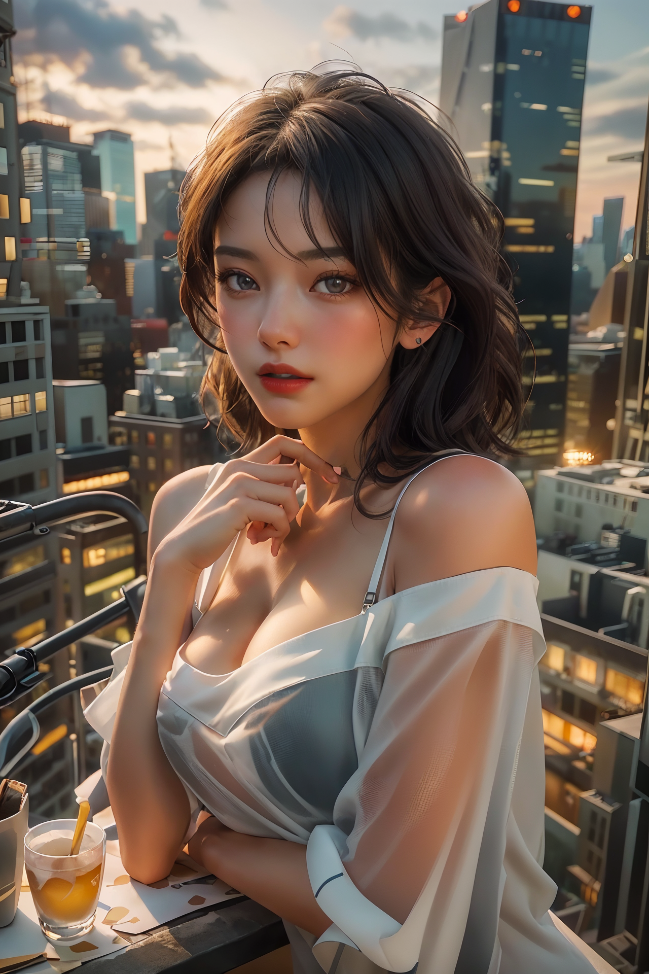 jewelry, girl, breasts, earrings, dress, ground vehicle, looking at viewer, road, street, outdoors, city