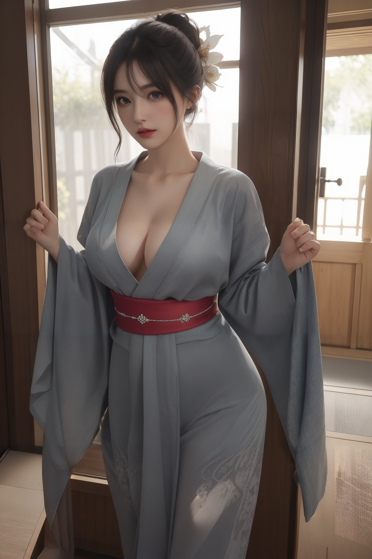 AIGC, poprsí, výstřih, cosplay, dívka, vlasy, kimono, noha