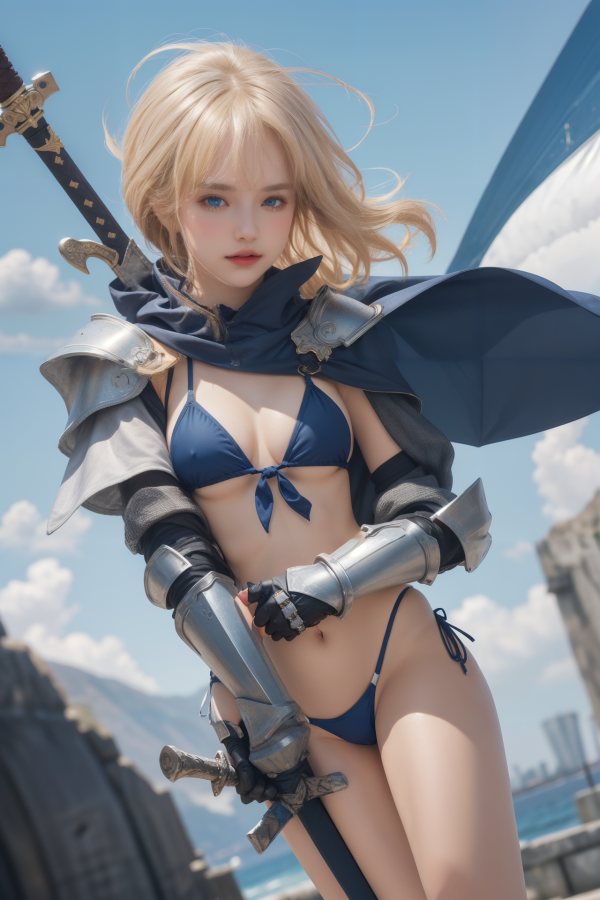 armor,bikini,breasts,cape,cleavage,girl