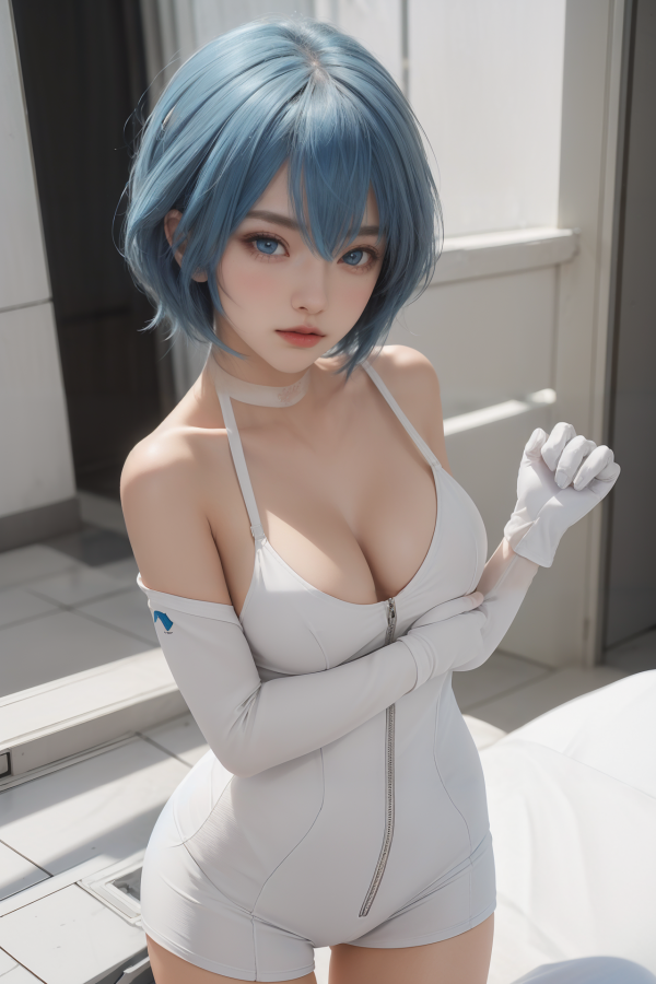 AIGC, anime girls, Ayanami Rei, beautiful, blue hair, breasts
