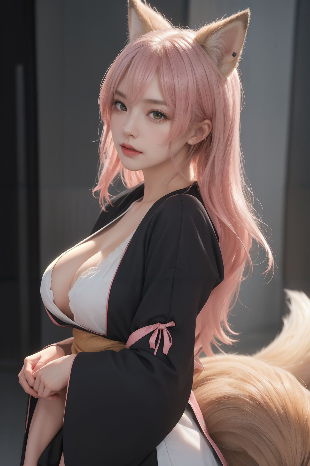AIGC, anime animals, красивая, Грудь, расщепление, Косплей, Судьба, женский пол, лиса, Лисица, Девушка, Розовые волосы, Сексуальность, милая