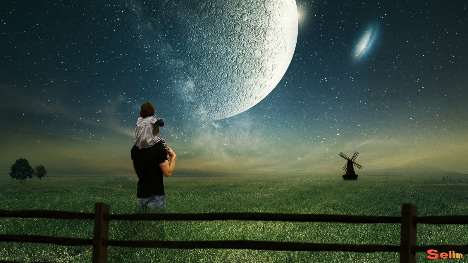 child, fantastic, fence, fog, grass, man, Milky Way, mill, Moon, natural, planet, stars, tree, view