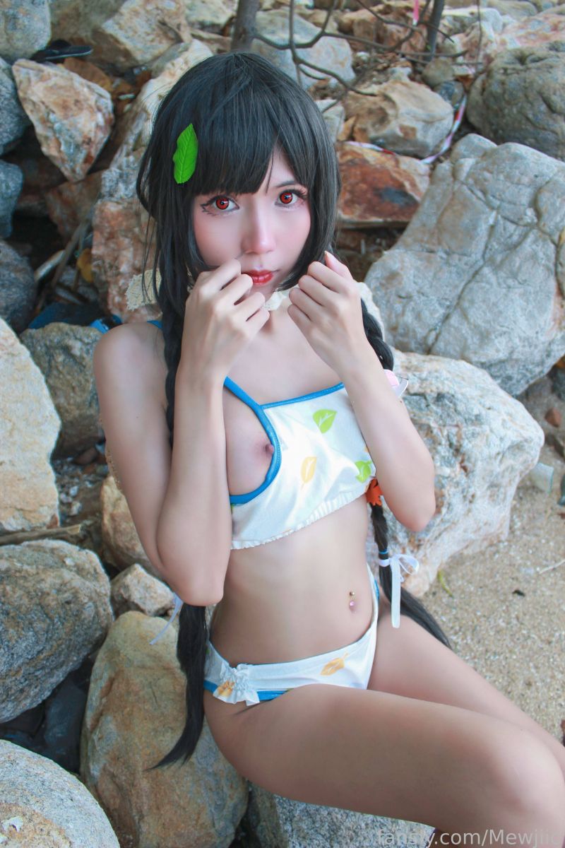 asiatisk, strand, bikini, fletninger, cosplay, nuttet asiatisk, strand, bikini, fletninger, cosplay, nuttet