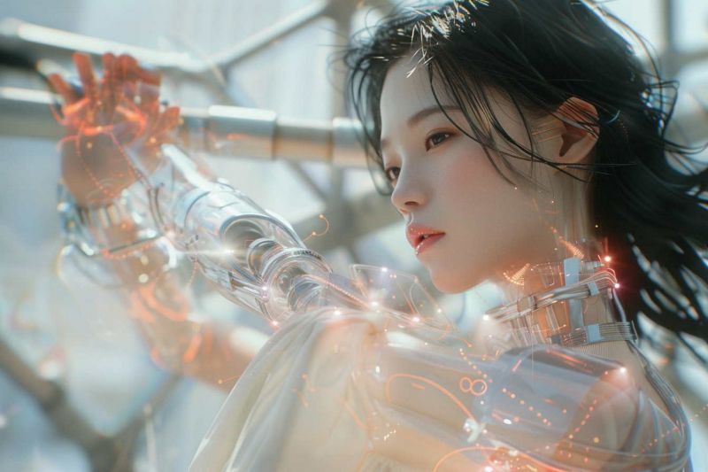 futuristický, neonová světla, technika, bílé šaty, žena