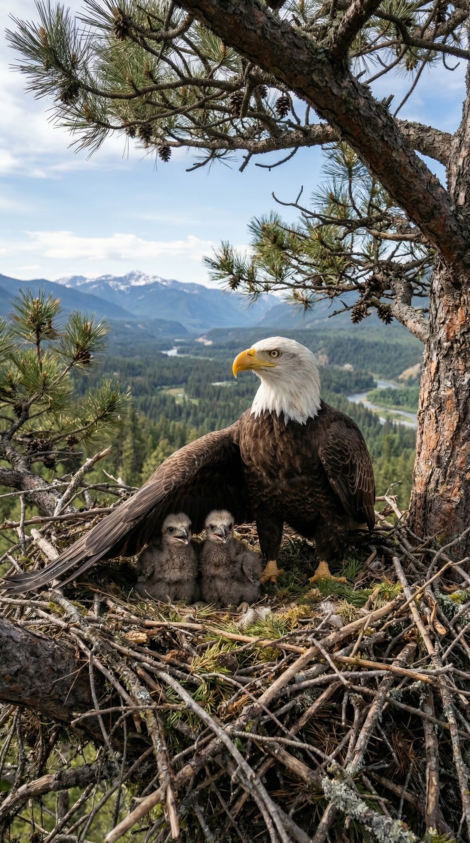 zvíře, plešatý, pták, větev, hnědý, kuřat, zachování, dolů, orel, fauna, peří, střežení, hora, Příroda, hnízdo, venkovní, dravec, raptor, nebe, strom, bílý, divočina, Volně žijících živočichů, žlutý