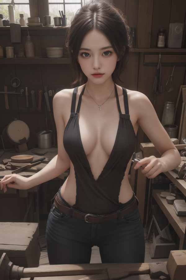 AIGC,breasts,cleavage,counter,denim,girl