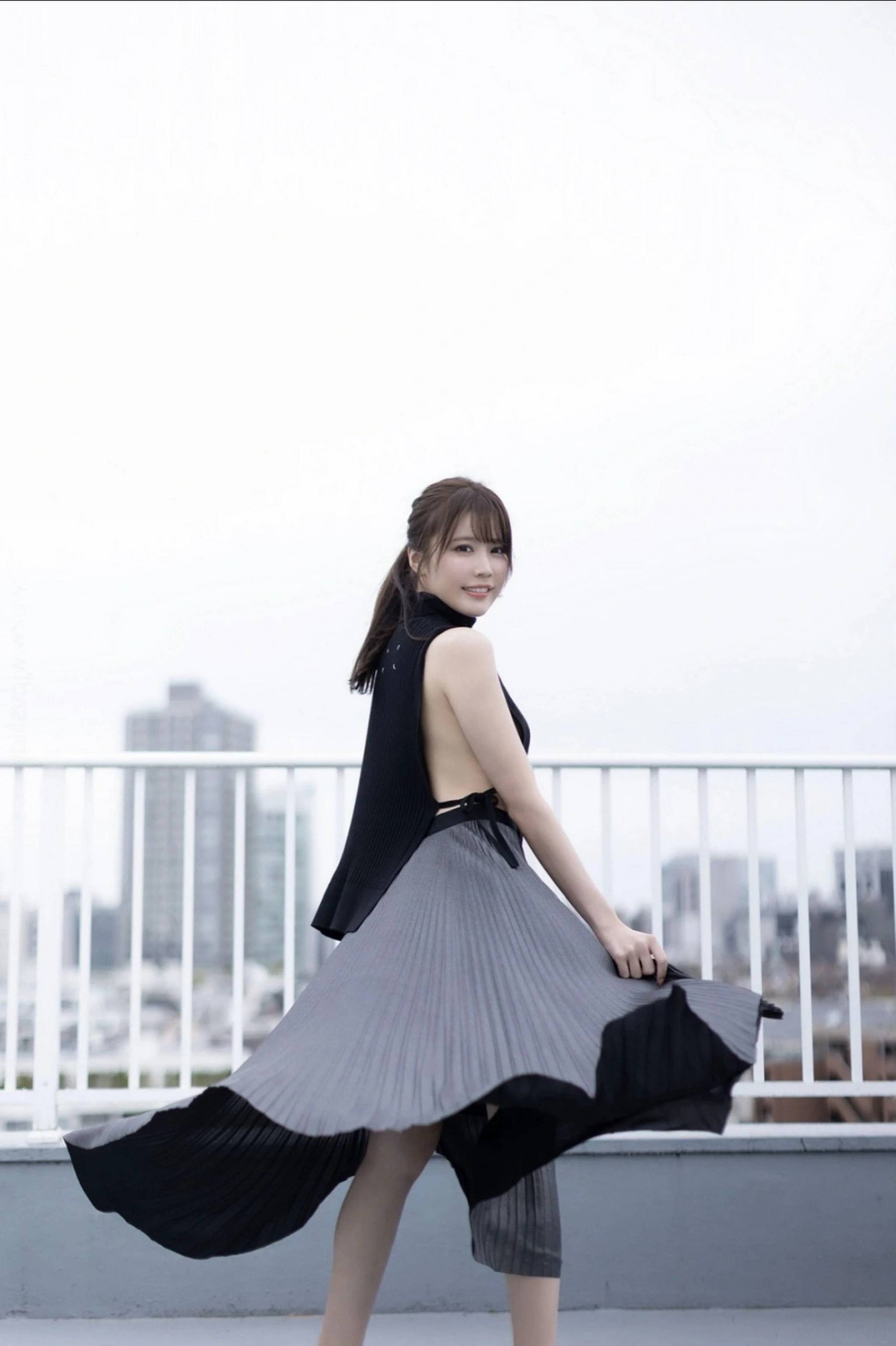 Asian, black, grey, pleated, skirt, sleeveless, top, woman