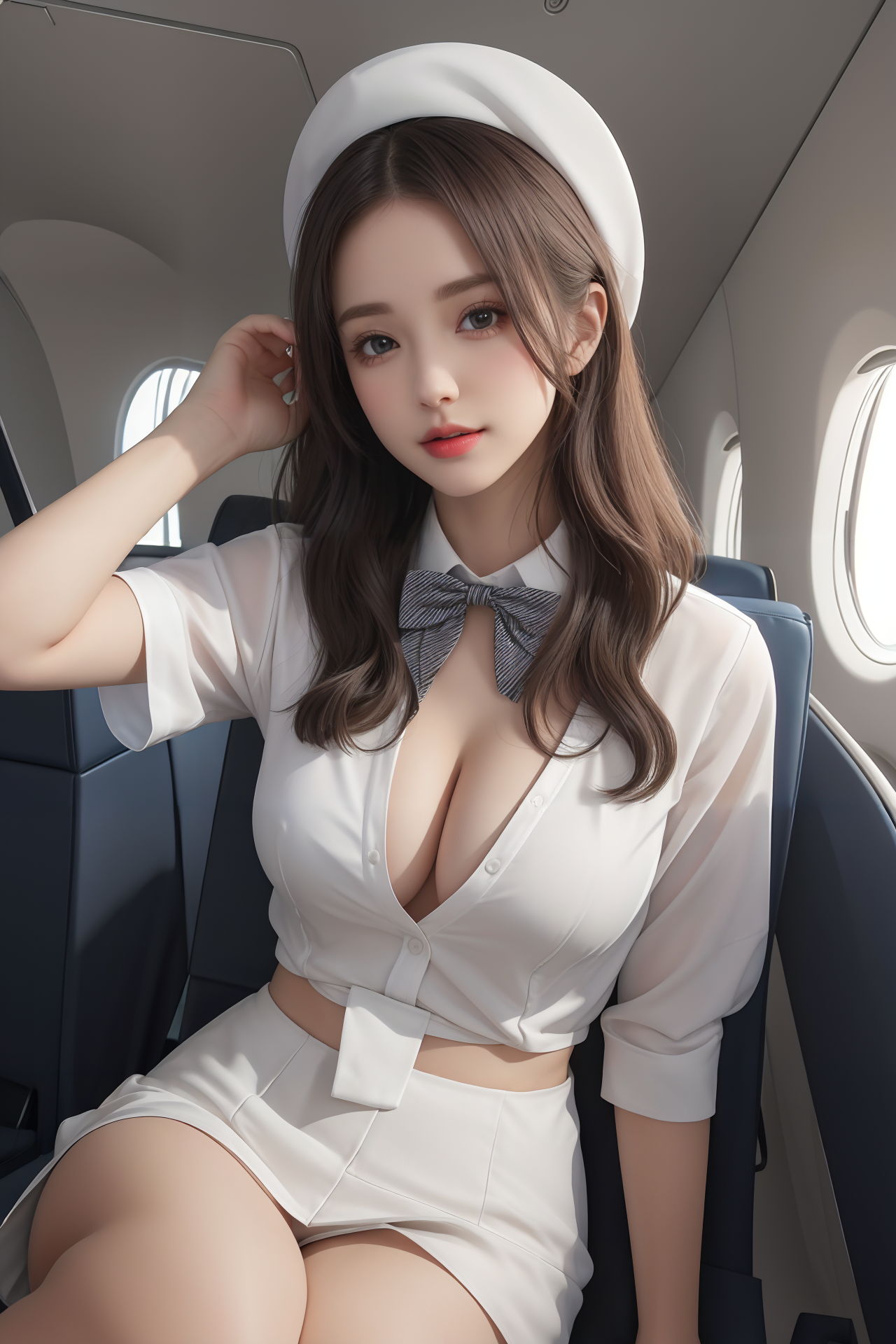 AIGC, letoun, Obsluha, Krásná, poprsí, výstřih, cosplay, Let, flight attendant, dívka, sexy, sladký