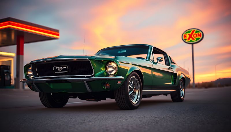 fastback,Ford,Gas station,grøn,Mustang,solnedgang