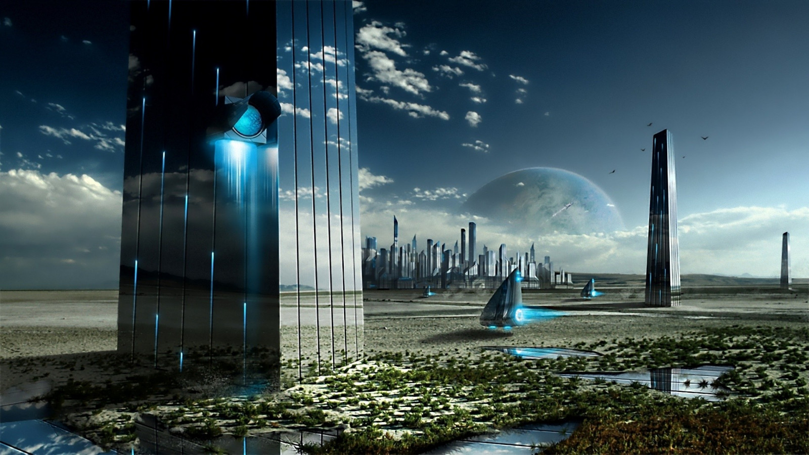 1920x1080 px, aerial photography, artwork, atmosphere of earth, atmospheric phenomenon, building, cities, city, clouds, computer wallpaper, dusk, evening, futuristic, futuristic city, glass, human settlement, night, panorama, reflection, science fiction, screenshot, sky, skyline, skyscraper, wallpaper