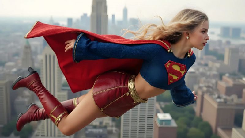 blond,flyvende,AI generated,støvler,kappe,model