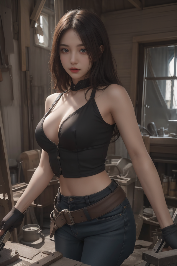 AIGC,breasts,cleavage,counter,denim,girl