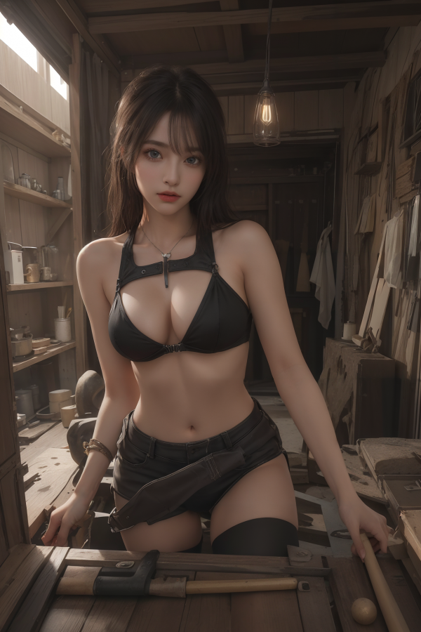 AIGC,breasts,cleavage,counter,denim,girl