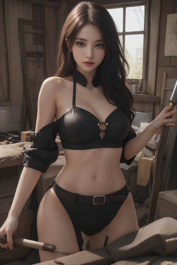 AIGC,breasts,cleavage,counter,denim,girl