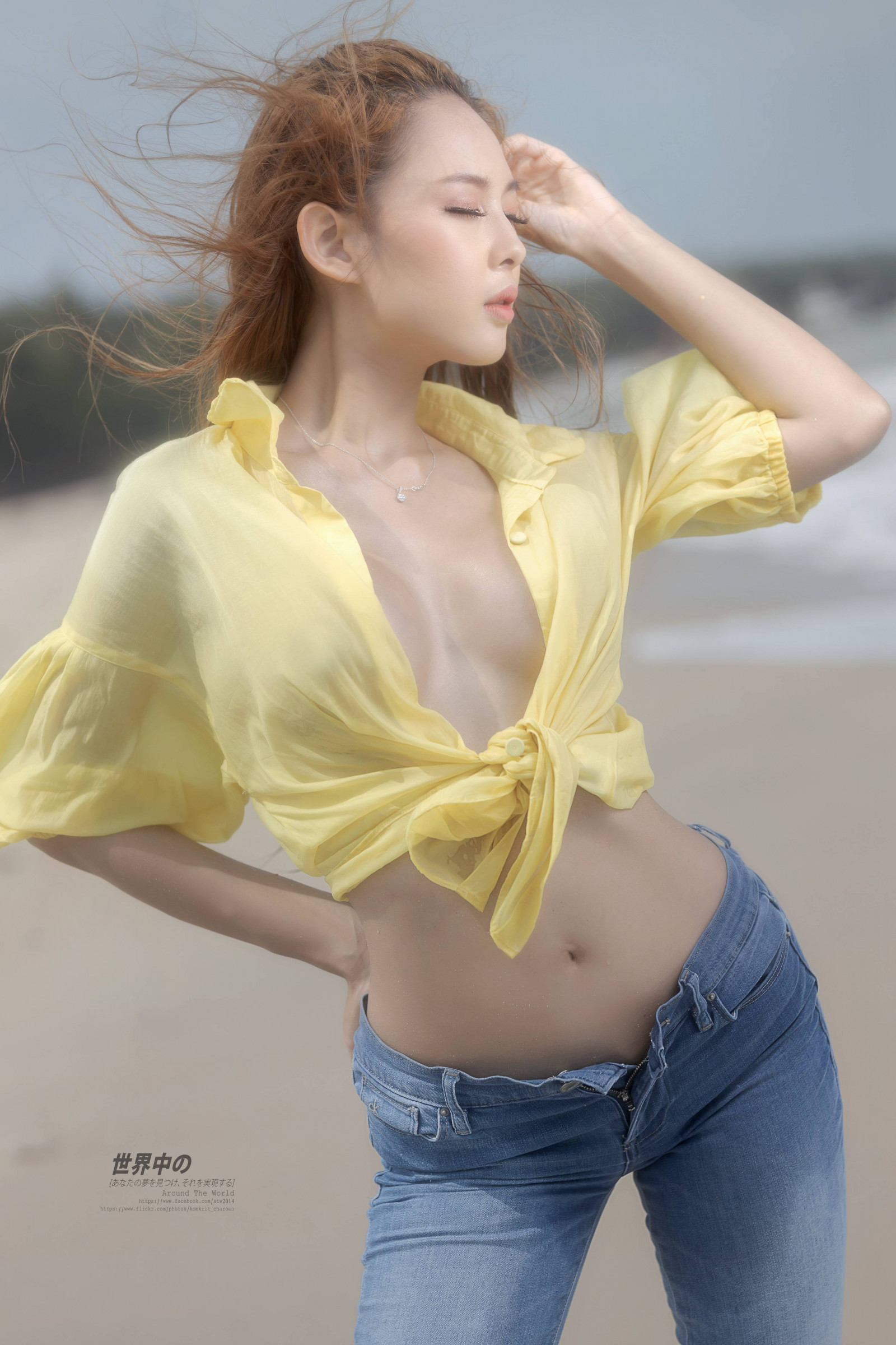 asiatico, spiaggia, denim, jeans, all'aperto, sabbioso, puro, donna, giallo