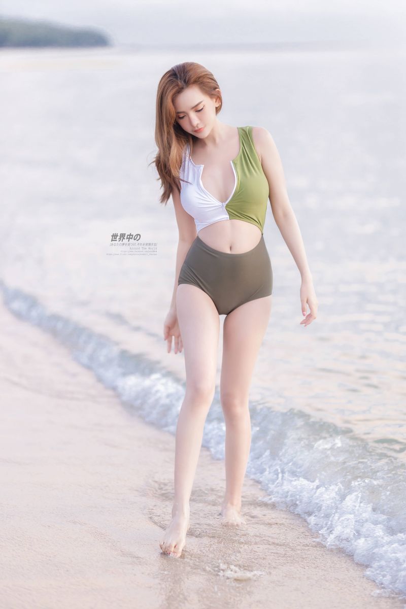 asijský, pláž, zelená, jeden kus, venkovní, mělká voda asijský, pláž, zelená, jeden kus, venkovní, mělká voda