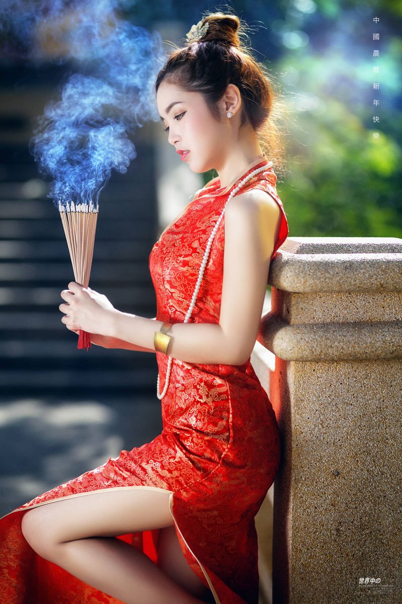 asijský, cheongsam, zahrada, vysoké podpatky, lucerna, venkovní asijský, cheongsam, zahrada, vysoké podpatky, lucerna, venkovní