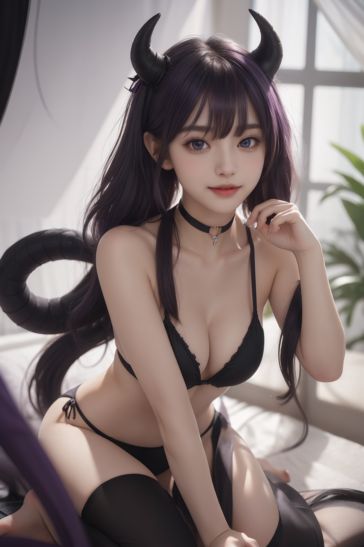 ai art, AI Girl, AIGC, bikiny, black bikini, prsa, obojek, výstřih, démon, demon girl, dívka, srdce, růžky, noc, fialové vlasy, succubus, stehna, spodní prádlo