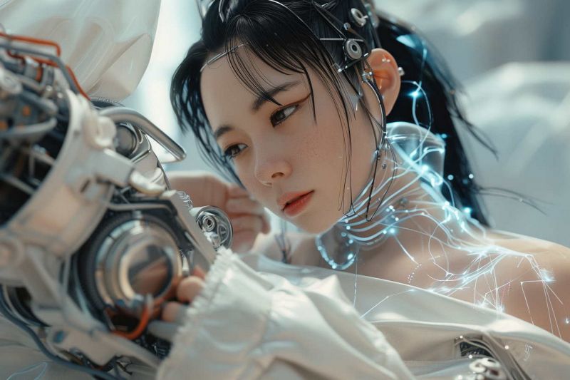 futuristický, neonová světla, technika, bílé šaty, žena