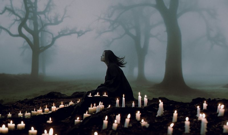 black sweater,Blå kjole,båd,bro,brown coat,lejrbål