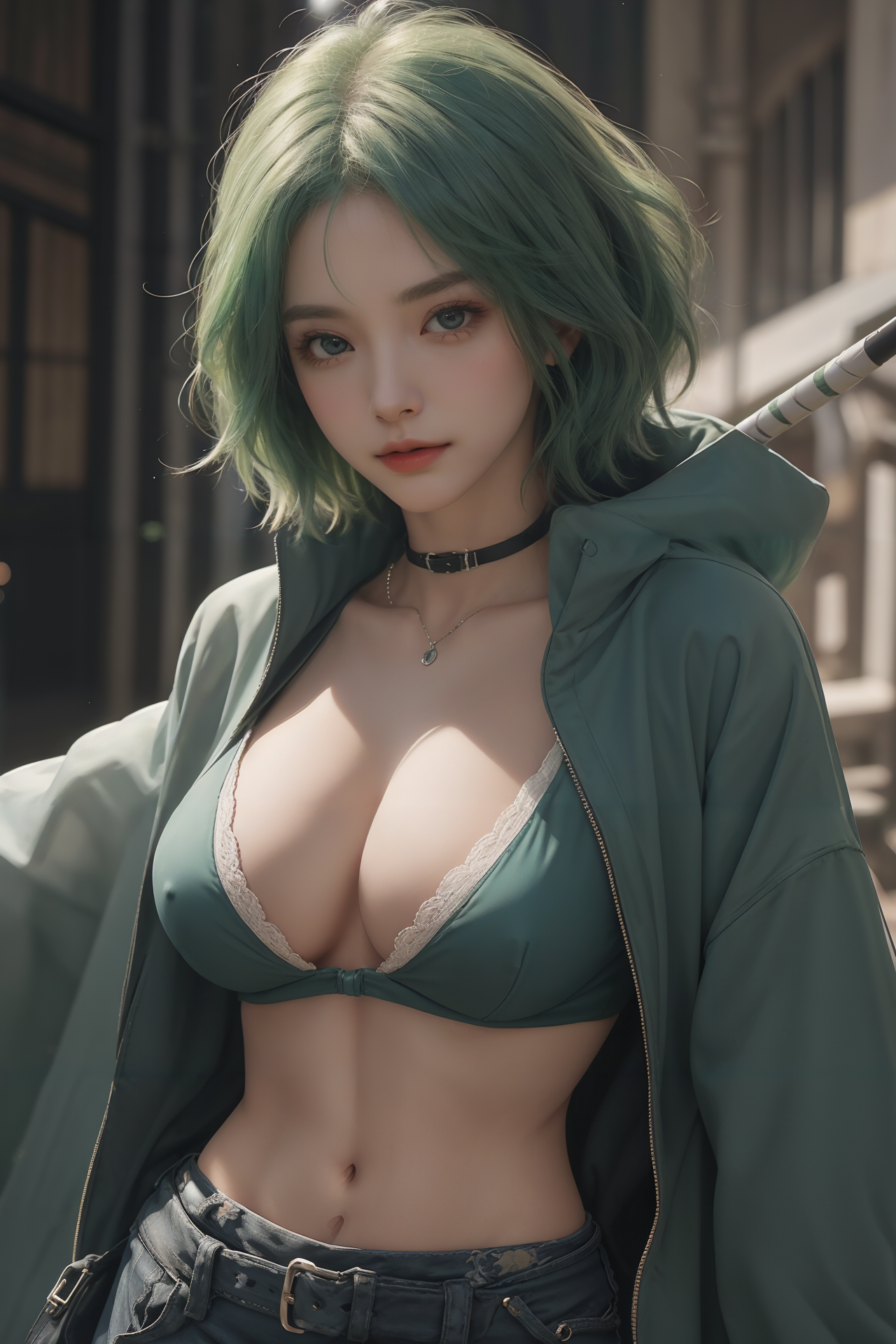 AIGC, anime girls, beautiful, cleavage, cosplay, female, girl, green hair, long hair, sweet, warrior