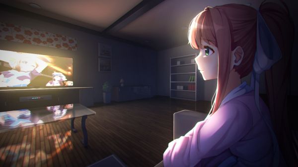 anime,books,bow,Doki Doki Literature Club,game,monika