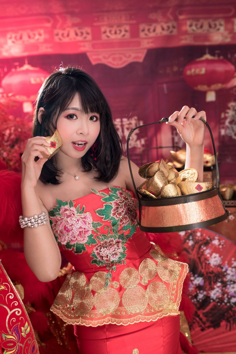asijský, cheongsam, čínský Nový rok, zlato, Červené, žena asijský, cheongsam, čínský Nový rok, zlato, Červené, žena