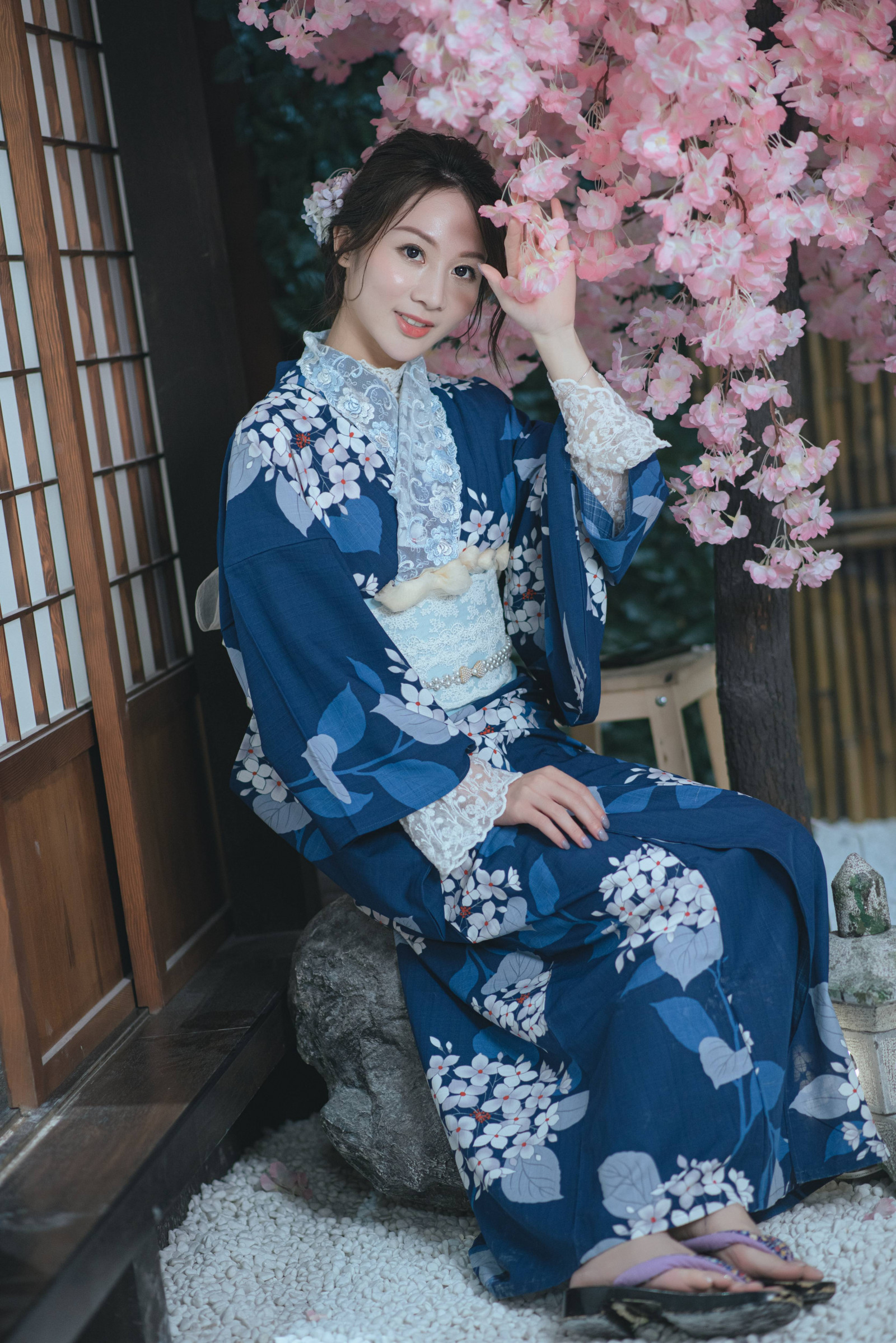 modrý, kimono, žena, yukata