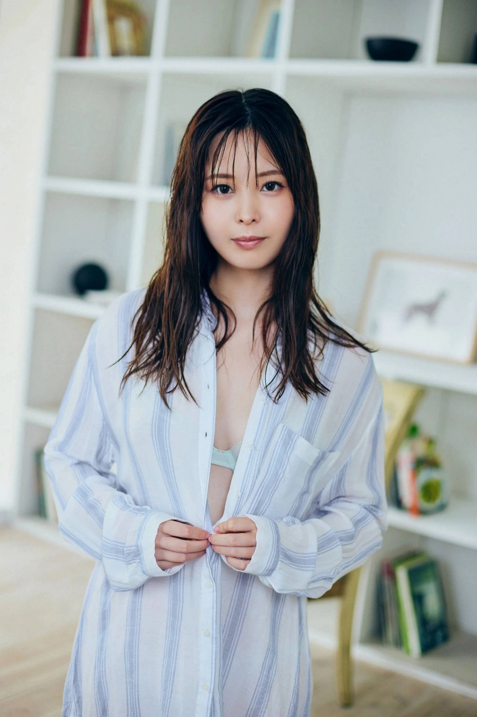 reggiseno, capelli, lungo, ritratto, camicia, maniche, sbottonato, bagnato