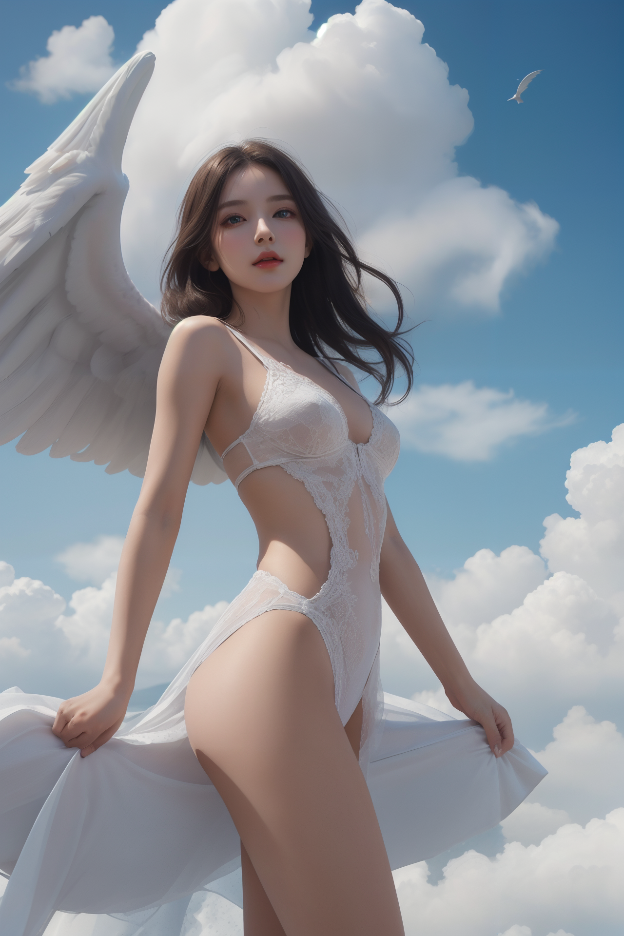 AIGC, angel, beautiful, breasts, cleavage, cloud, cosplay, girl, sexy, sky