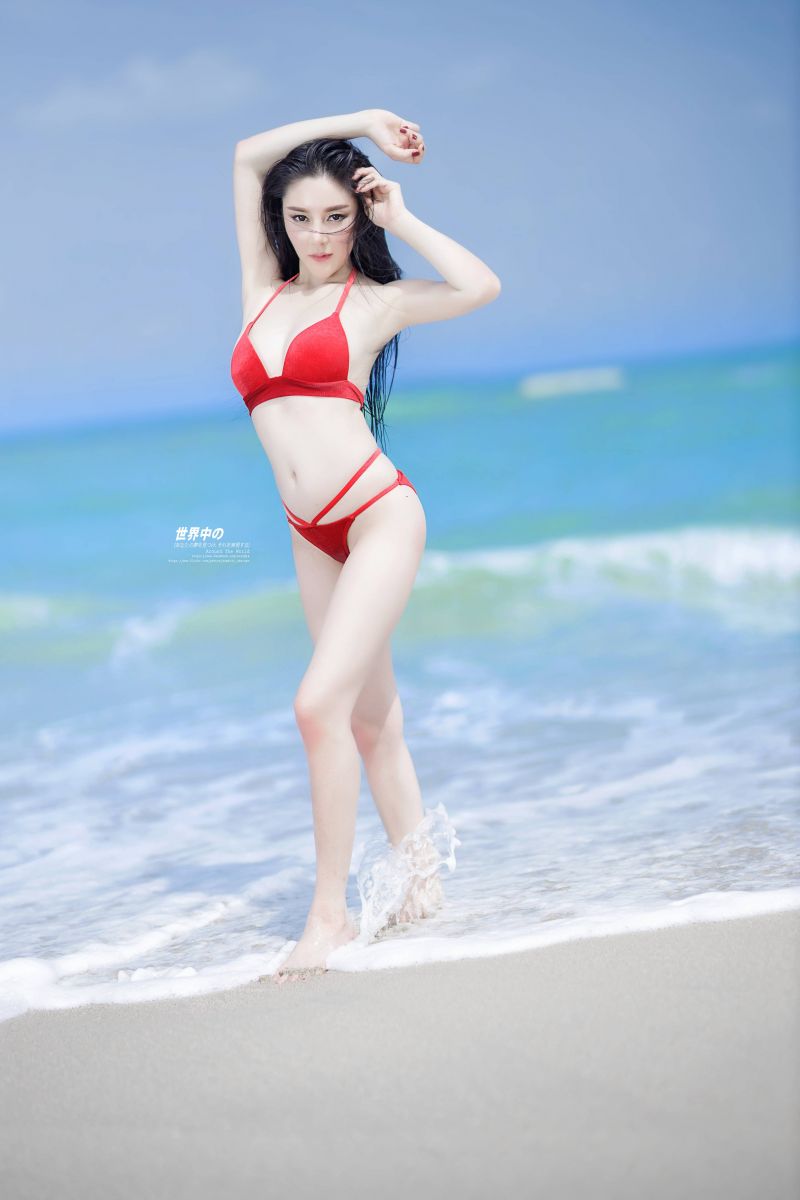 ασιάτης,παραλία,μπικίνι,ωκεανός,υποκρινόμενος,το κόκκινο