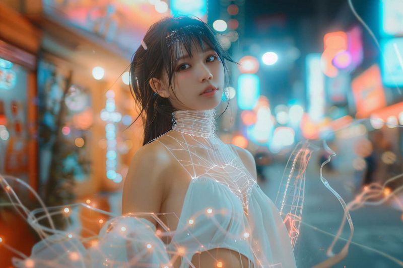 futuristický, neonová světla, technika, bílé šaty, žena