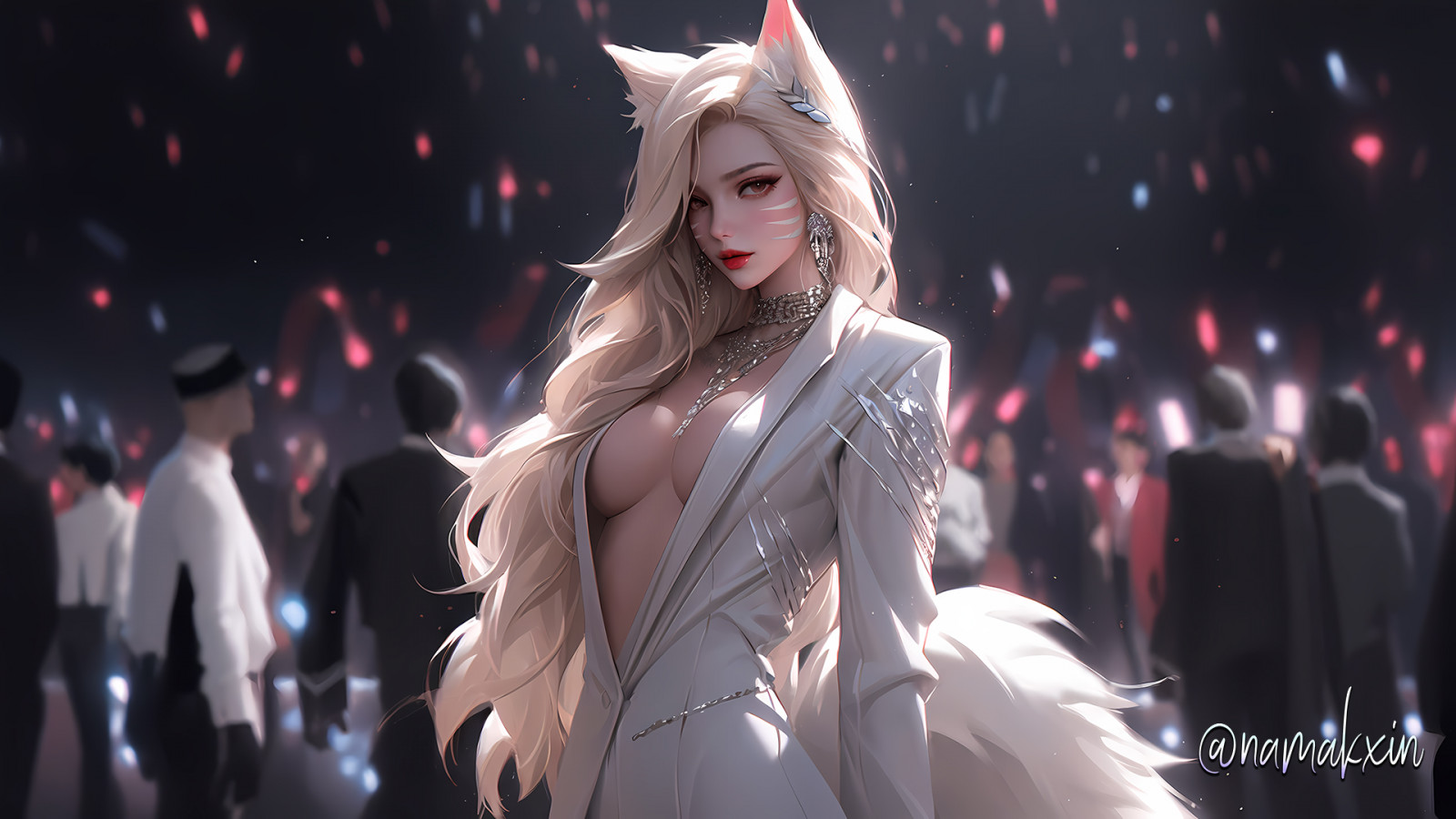 Ahri, animal ears, anime, cleavage, fox, League of Legends, lol, tail, white suit