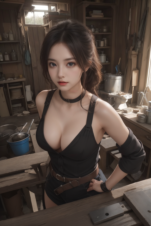 AIGC,breasts,cleavage,counter,denim,girl